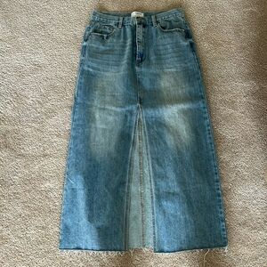 100% Cotton Denim Midi Skirt – Size Large – Front Slit – Raw Hem